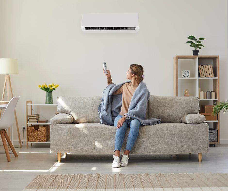 Woman sitting on couch with blanket around her turning off air conditioner 