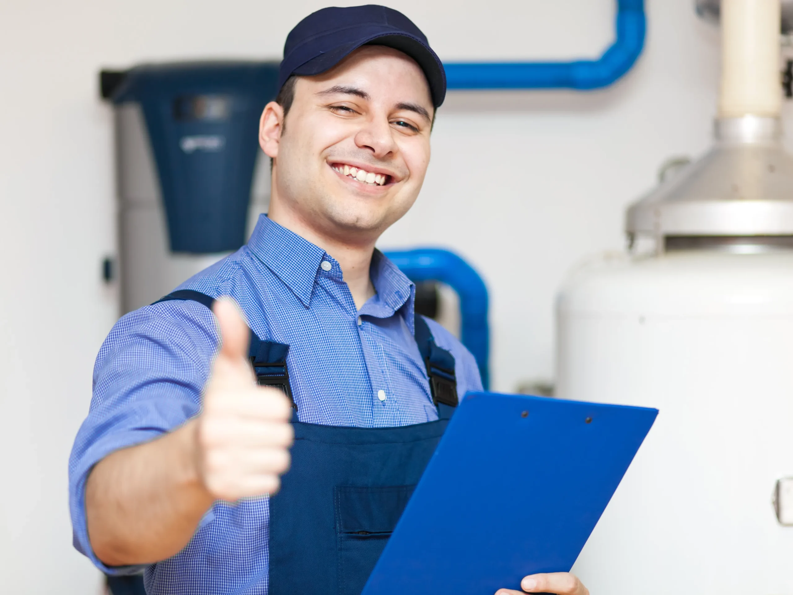 hvac technician smiling and giving a thumbs up to the camera